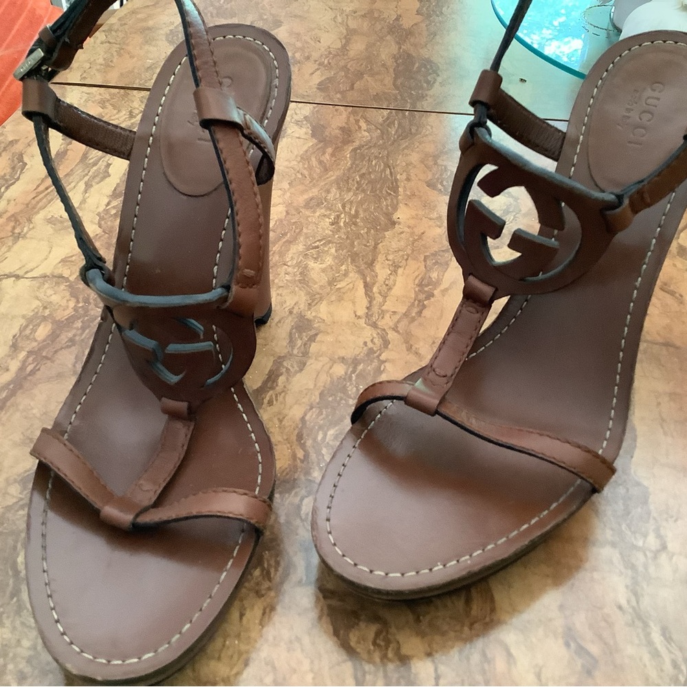 Gucci Brown Leather Wedges - Picture 5 of 9